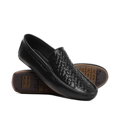 Black Woven Lth Loafers-VL009