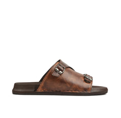 Men's Brown Leather Slides - Double Buckle Design | VS3004