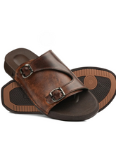 Men's Brown Leather Slides - Double Buckle Design | VS3004
