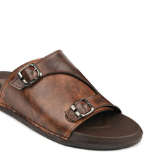 Men's Brown Leather Slides - Double Buckle Design | VS3004