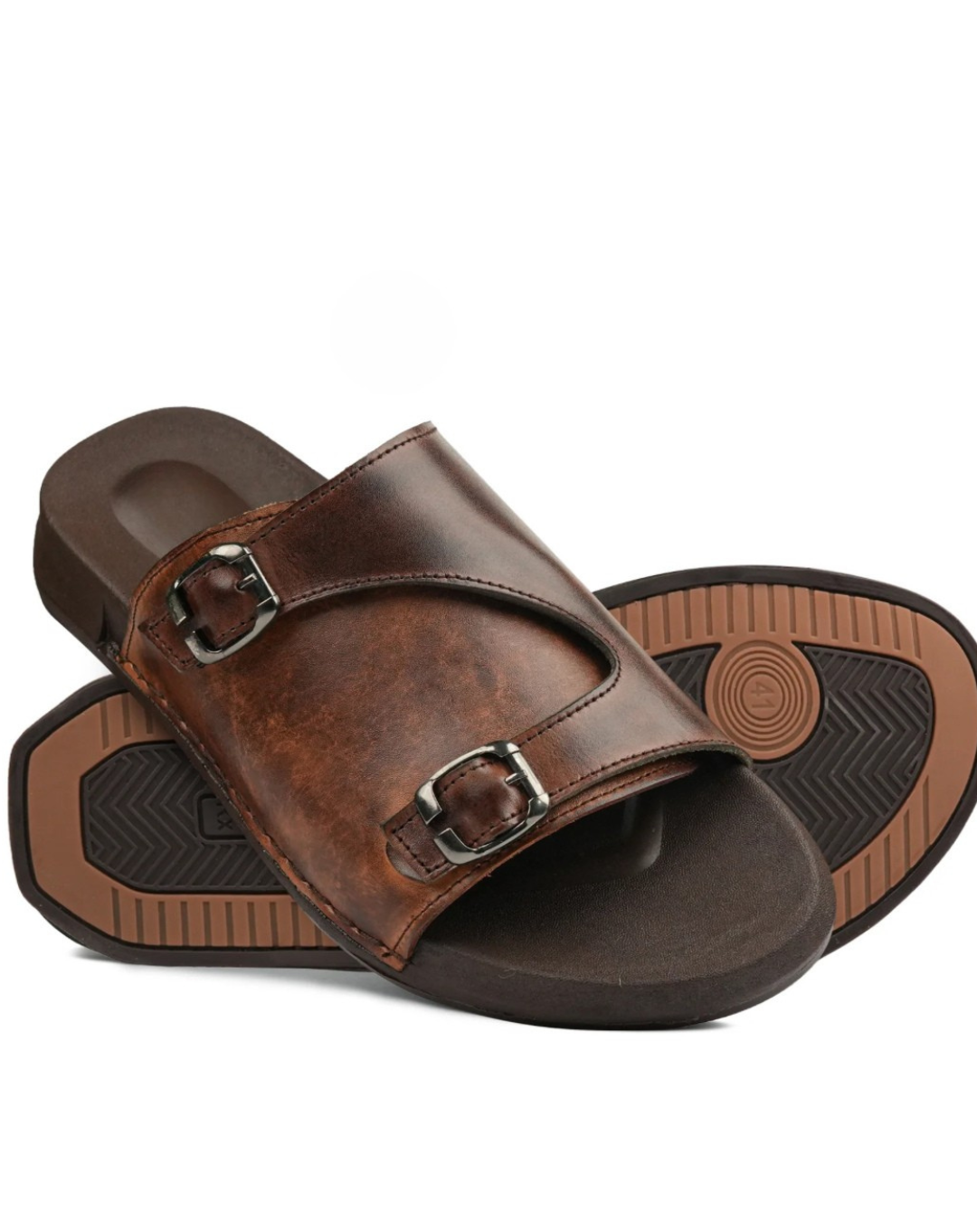 Men's Brown Leather Slides - Double Buckle Design | VS3004