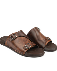 Men's Brown Leather Slides - Double Buckle Design | VS3004